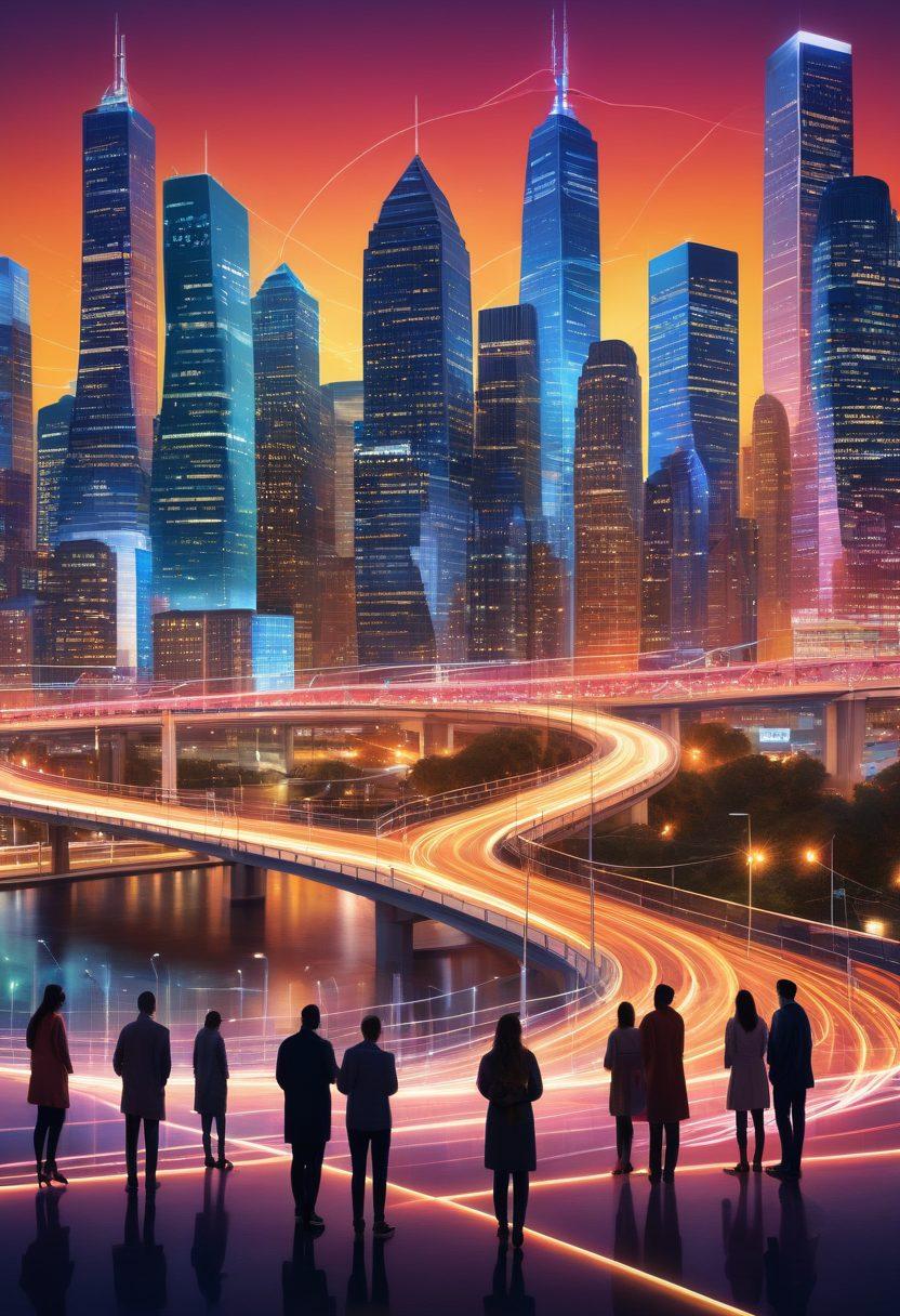 A vibrant illustration depicting a diverse group of people connected by glowing lines, symbolizing a thriving network. Include elements representing various services like healthcare, education, and community support, with friendly faces and engaging interactions. The background should have a modern city skyline, representing progress and innovation. Rich colors and dynamic movement to convey energy and connection. super-realistic. vibrant colors. dynamic composition.